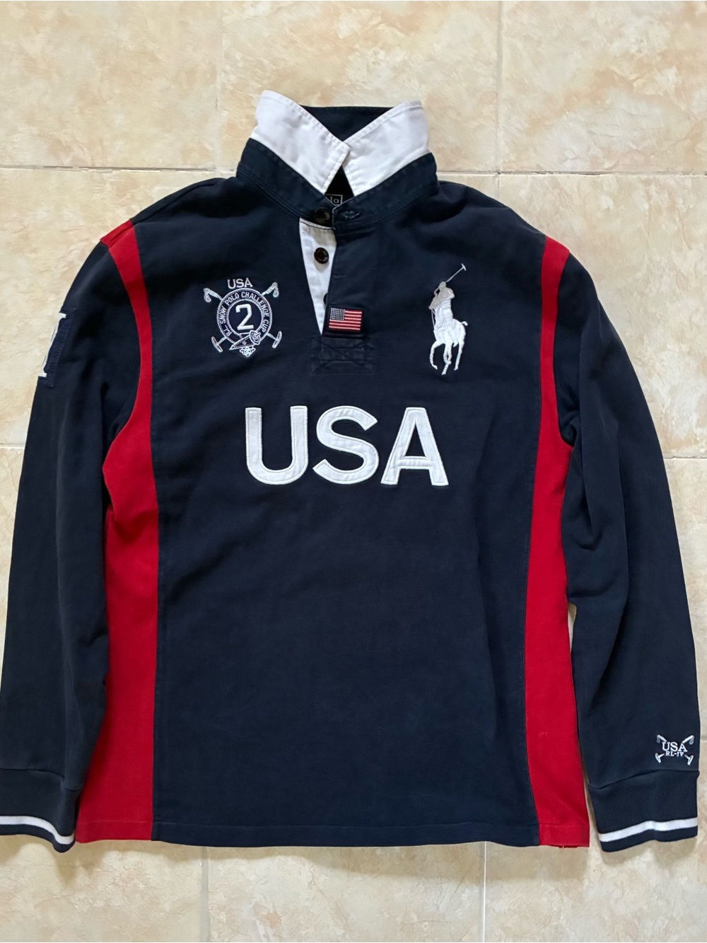 Ralph Lauren Polo USA Embroidered Rugby Shirt - Navy & Red XL